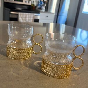 Set of 2 Vintage Glassware with Gold Metal Detail and Swirl Handle